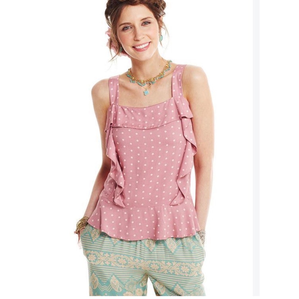 Matilda Jane Clam Bake Polka Dot Ruffle Peplum Tank Top Mauve Pink Small